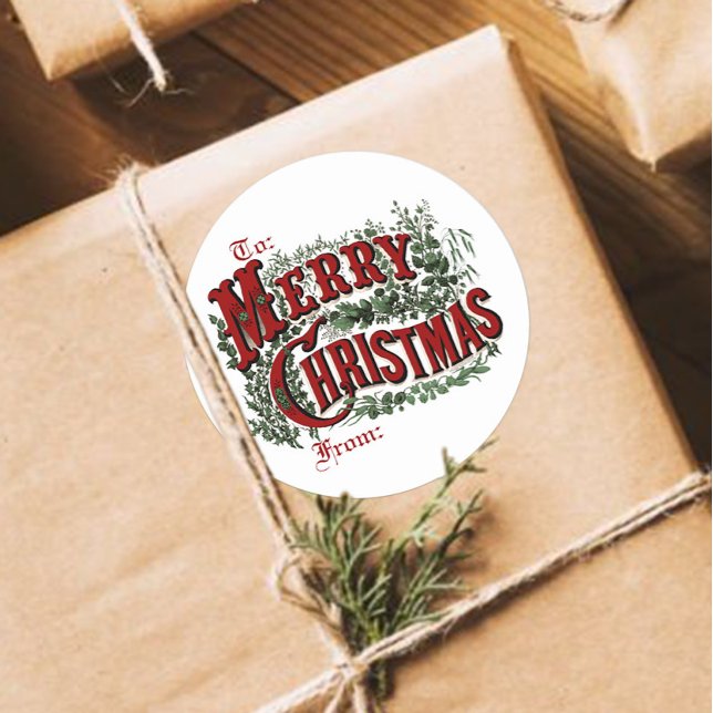 Adesivos Clássicos de Presente de Natal Feliz (Old fashioned Merry Christmas to/from gift label sticker.)