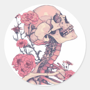Adesivos Clássicos Redondos. Esqueleto com flores.