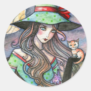 Adesivos Coloridos de Bruxa de Halloween e Gatinho