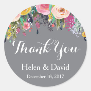 Adesivos de Agradecimento Floral Casamento Cinza
