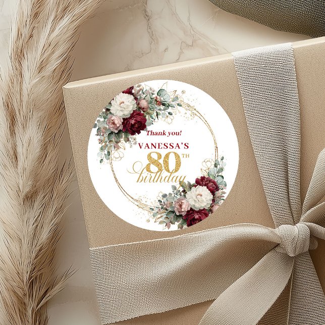 Adesivos de Aniversário de 80 anos Botanical Blush (Botanical Blush Burgundy 80th Birthday Stickers)