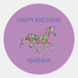 Adesivos de aniversário de unicórnio com o nome da