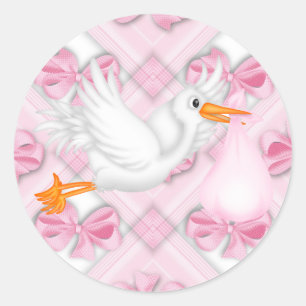 Adesivos de Baby Shower Cegonha Rosa e Laços Rosa
