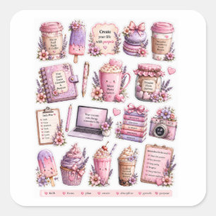 Adesivos de Café e Doces Lavanda Kawaii
