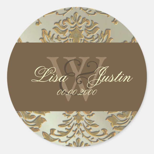 Adesivos de casamento com monograma Damask em prat (Frente)