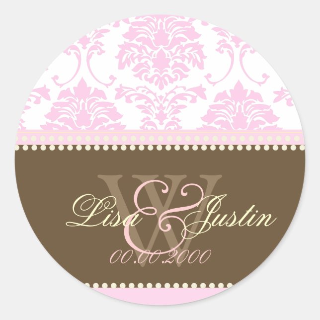 Adesivos de casamento com monograma Pink Damask (Frente)