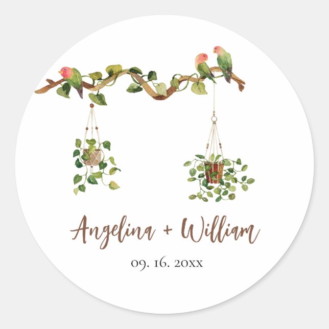 Adesivos de casamento de verde tropical botânico (Frente)