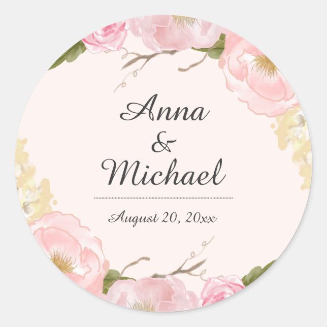 Adesivos de casamento floral botânico Blush (Frente)