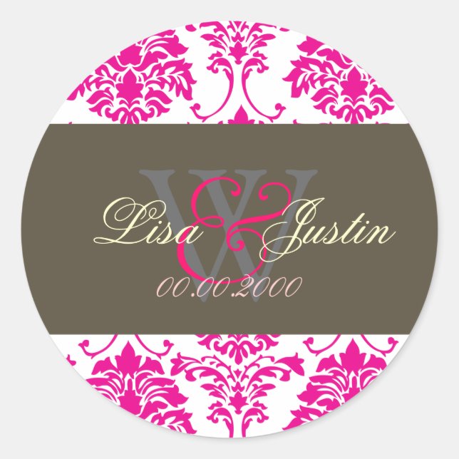 Adesivos de casamento monograma Pink Damask (Frente)