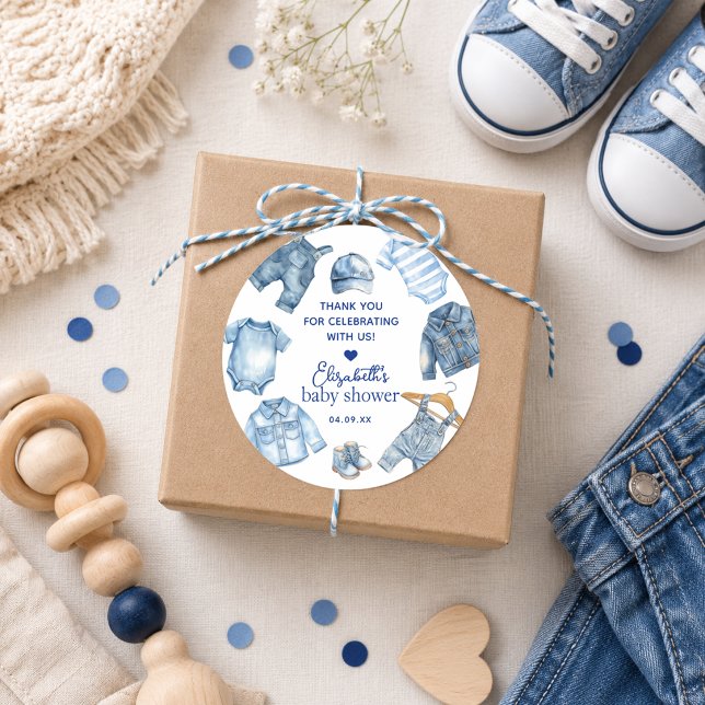Adesivos de Chuvinha de Bebê com Tema de Denim Blu (Blue Jean Baby Denim Themed Baby Shower Stickers)