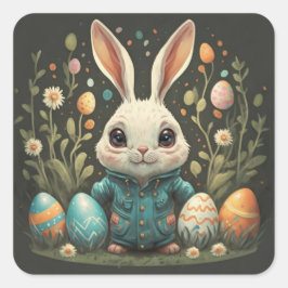 Adesivos de coelho de Páscoa vintage fofo com flor