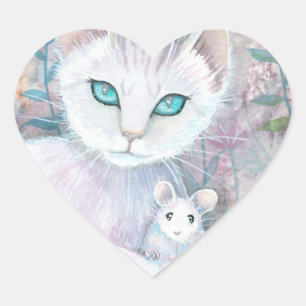 Adesivos de Coração de Gato Branco e Rato