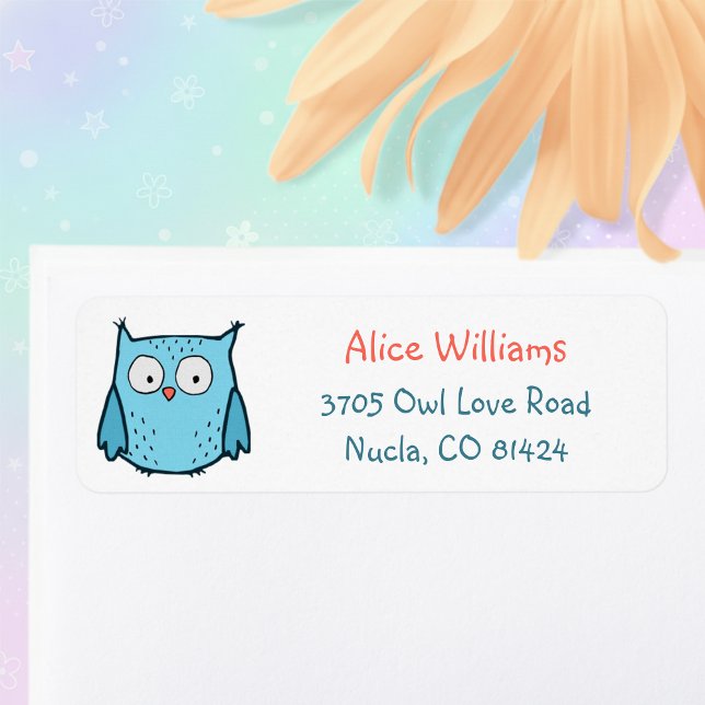 Adesivos de Endereço de Remessa Coruja Azul Fofa (Cute blue owl return address labels. 🦉)