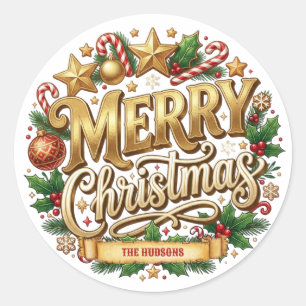 Adesivos de Família Feliz Natal Retro Dourado