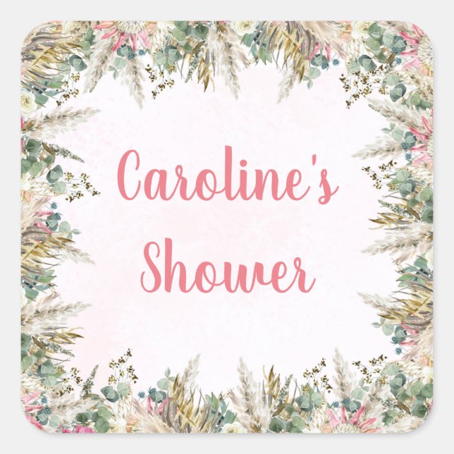 Adesivos de Favor com Grama de Pampas Boho Rosa |  (Frente)