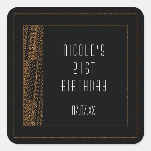 Adesivos de Festa Bokeh Glam Preto e Dourado Chic (Frente)