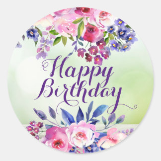 Adesivos de Flores em Aquarela Feliz Aniversário