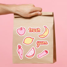 Adesivos de frutas e legumes rosa suave e amarelo