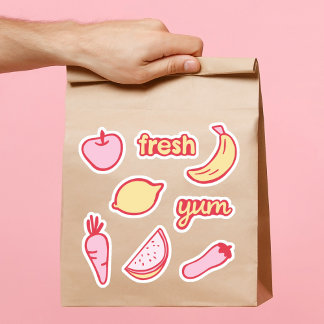 Adesivos de frutas e legumes rosa suave e amarelo