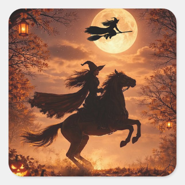 Adesivos de Halloween de Bruxa com Cavalo (Frente)