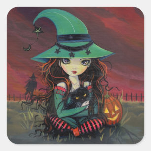 Adesivos de Halloween de Bruxinha e Gato Preto