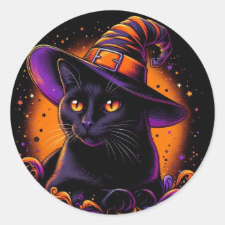 Adesivos de Halloween de Gato Preto Usando Chapéu