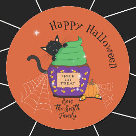 Adesivos de Halloween Laranja Fofos com Gato Preto