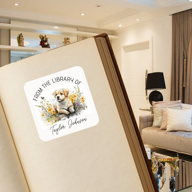 Adesivos de livro, ex-libris floral cachorro cacho (Criador carregado)