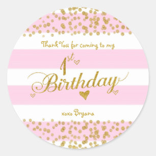 Adesivos de menina de festa de 1º ANIVERSÁRIO Rosa