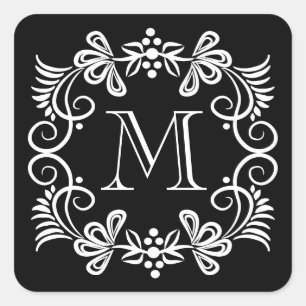 Adesivos de Monograma Preto e Branco Elegantes