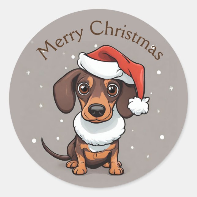 Adesivos de Natal de Dachshund Fofo com Chapéu de  (Frente)