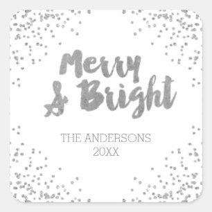 Adesivos de Natal prateados brilhantes Alegre e Br
