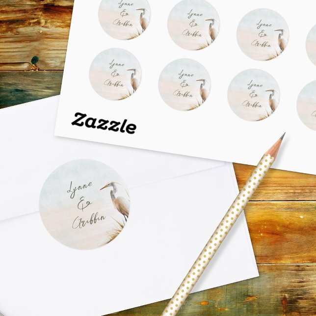 Adesivos de Nomes de Casamento Boho Costeiro Garça (Criador carregado)