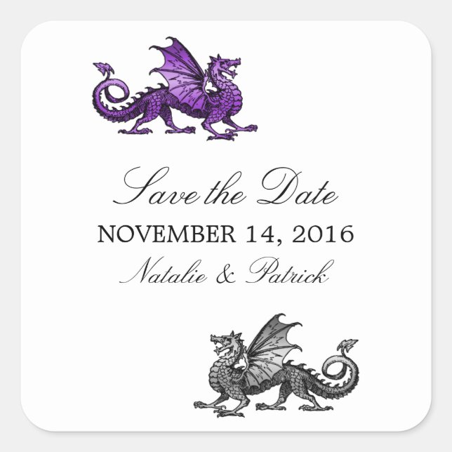 Adesivos de Save the Date do Dragão Prata Roxo (Frente)