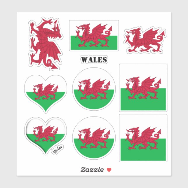 Adesivos do País de Gales e Welsh Flag, Heart / es (Folha)