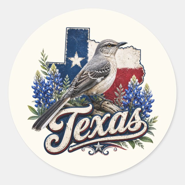 Adesivos do Texas Mockingbird Com Flores Bluebonne (Frente)