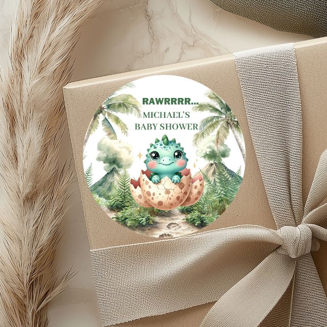 Adesivos para Chá de Bebê Dinossauro Fofo que Vai  (Hatching Soon Cute Dino Baby Shower Stickers)