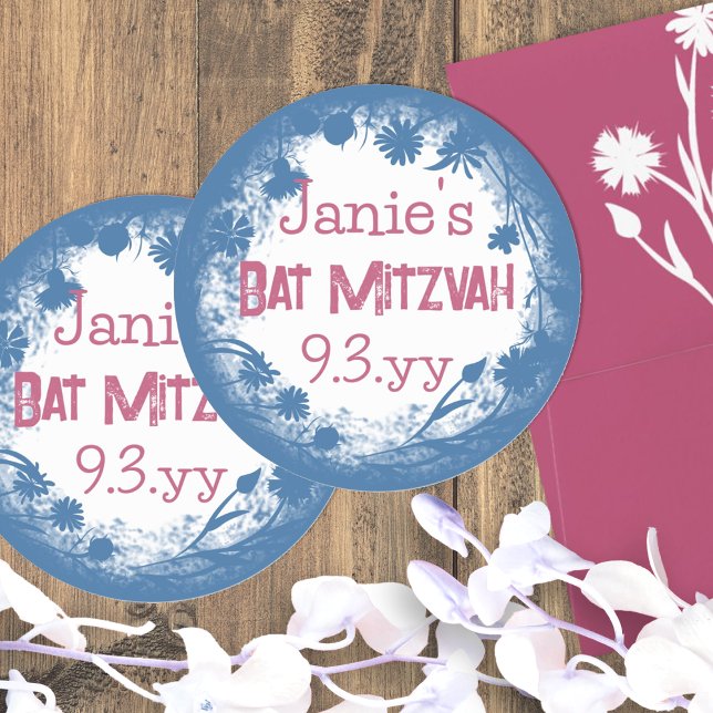 Adesivos Personalizados de Bat Mitzvah Florais Ros (round blue and pink vintage bat mitzvah party favor stickers personalized labels girls birthday)
