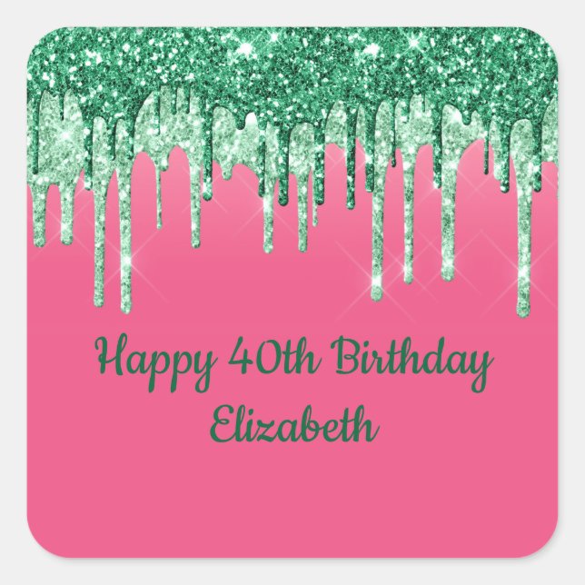 Adesivos Personalizados Verde Glitter Gotas Rosa F (Frente)