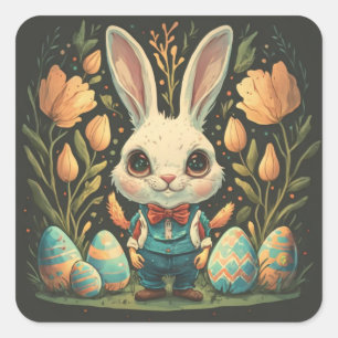 Adesivos Quadrados de Coelhos de Páscoa Vintage Fo