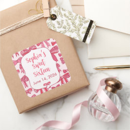 Adesivos Quadrados de Festa com Laço Rosa Coquette
