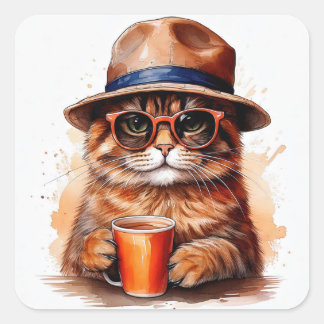 Adesivos Quadrados de Gato Legal Bebendo Café