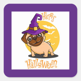 Adesivos Quadrados de Pug Feiticeira de Halloween