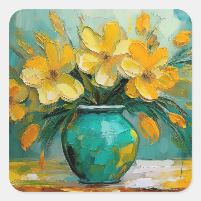 Adesivos Quadrados de Vaso Turquesa com Flores Ama (Frente)