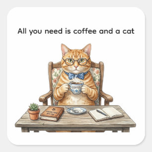Adesivos Quadrados Gato Laranja Tabby Bebendo Café