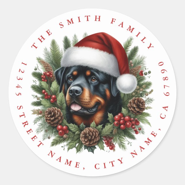  Adesivos Redondos de Cachorro Rottweiler de Natal (Frente)