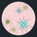 Adesivos Redondos de Estrelas Atômicas, Rosa Icôni<br><div class="desc">Este padrão Icônico Rosa Icônico de Starbursts Atômicos Redondos de Palitos apresenta rajadas atômicas icônicas. Isso mesmo! A antiga escola, o fundo colorido de primeira-dama cor-de-rosa com manchas de ouro é o pano de fundo perfeito para a vibrante turquesa, o aipo de salga e os círculos verdes cor de pera...</div>