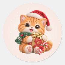 Adesivos Redondos de Natal Gatinho Fofo