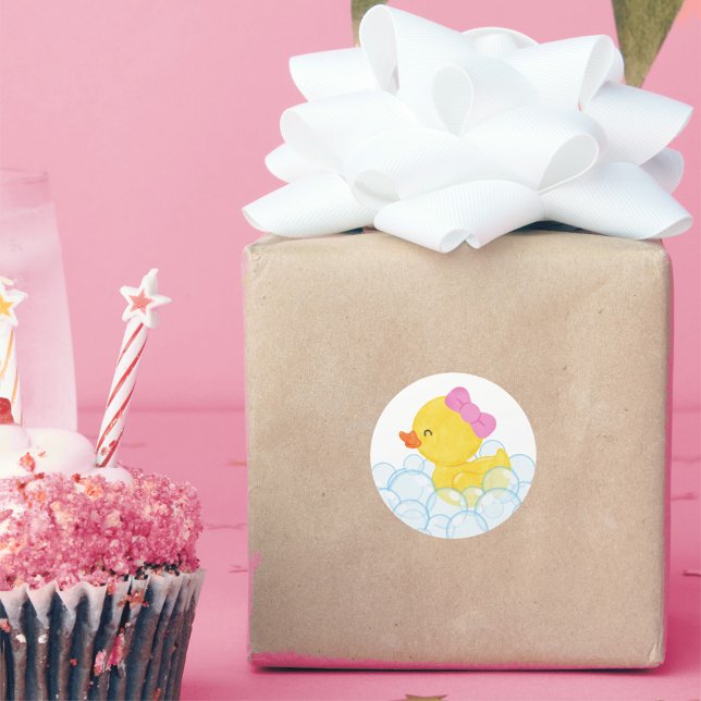 Adesivos Redondos de Pato de Borracha com Aquarela (Girl Watercolor Rubber Duck Party Stickers for Duck Birthday or Baby Shower)