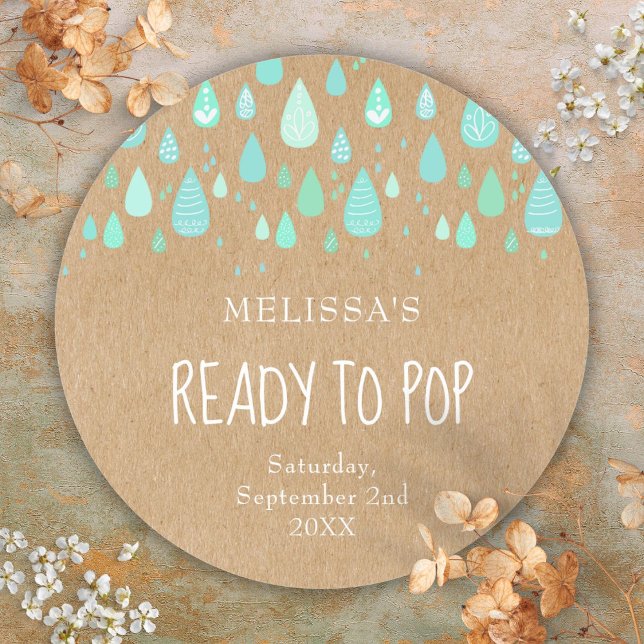 Adesivos Rústicos Kraft Verde Menta Gotas de Chuva (Rustic Kraft Mint Green Raindrops Ready to Pop Classic Round Sticker)